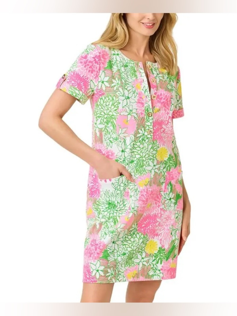 Lilly Pulitzer Cameron Popover Dress Pink Floral Cotton Blend Pockets Size XL